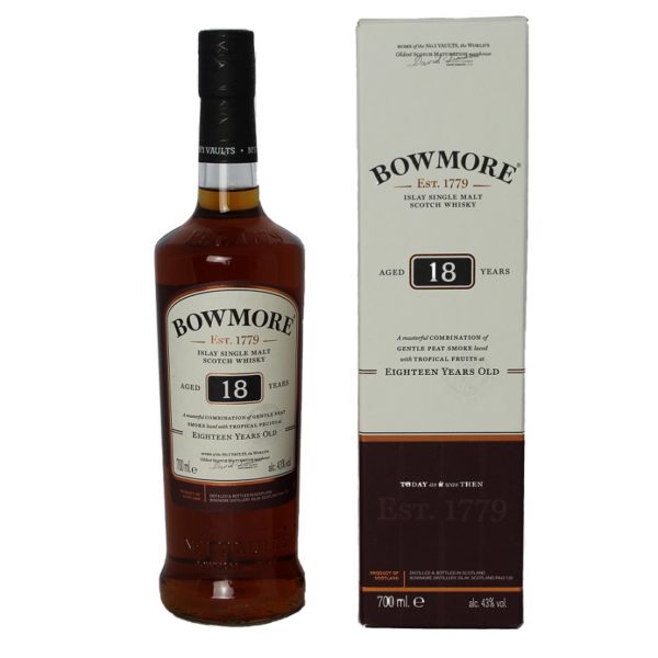 Bowmore 18 Jahre Single Malt, dunkler und komplexer Whisky mit cremigem Karamellgeschmack, fruchtigen und torfigen Rauchtönen, komplexem und lang anhaltendem Abgang.